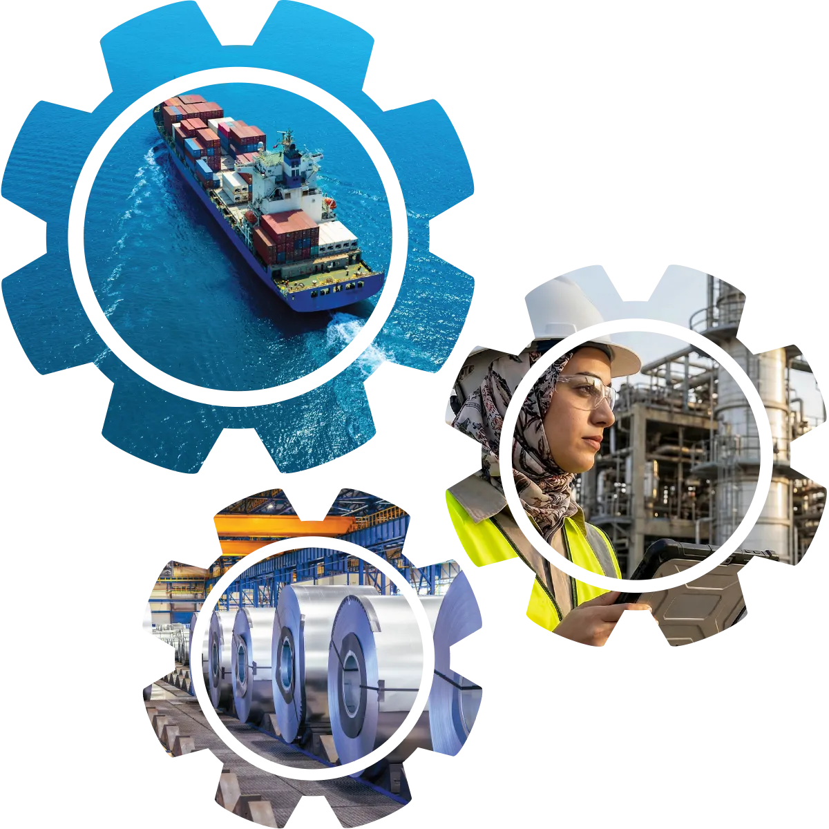 Cogs shaped images of a ship, factory worker and rolled metal sheets