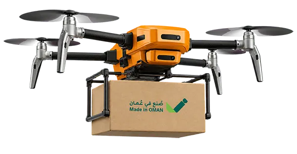 Flying drone holding a box with Made in Oman branding.