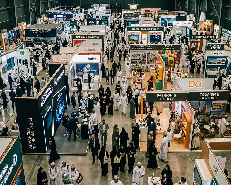 Aerial view of an exhibition floor at a Made in Oman event.